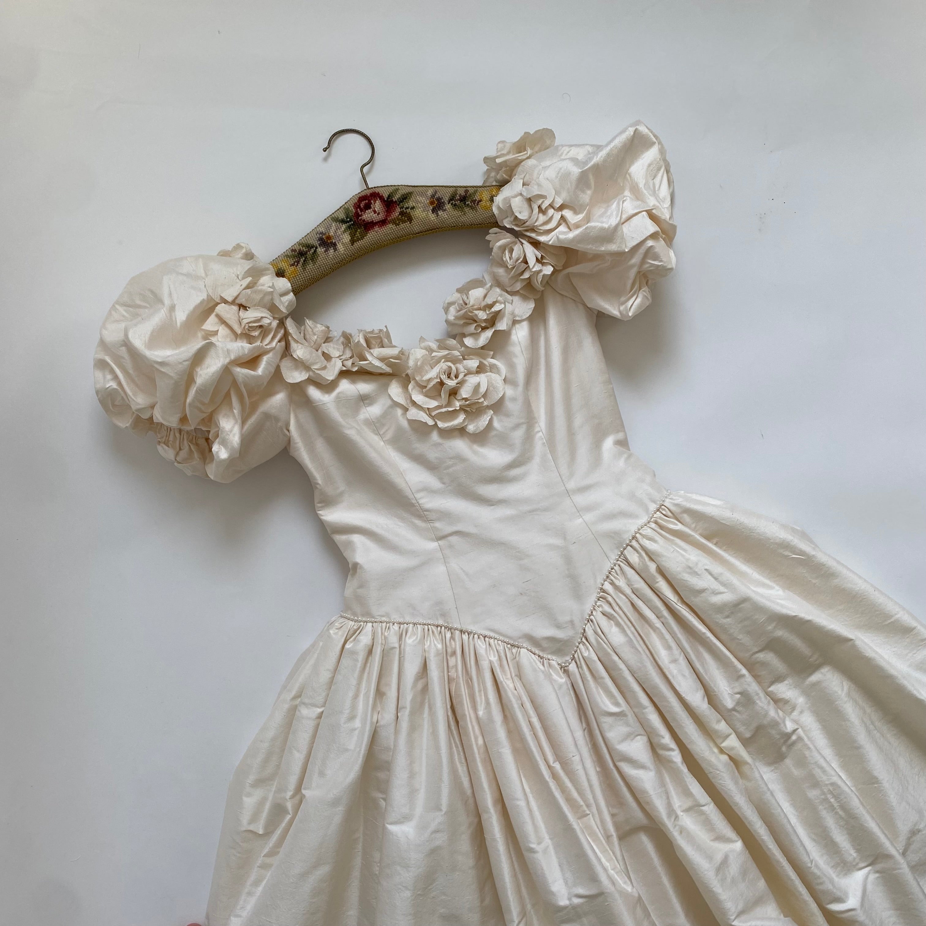 1980s Rose Trimmed Silk Wedding Dress