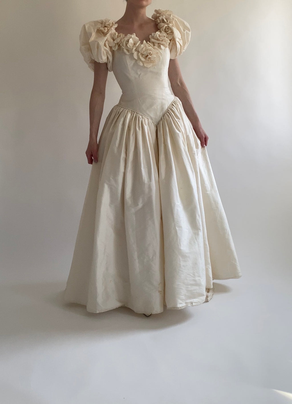 1980s Rose Trimmed Silk Wedding Dress