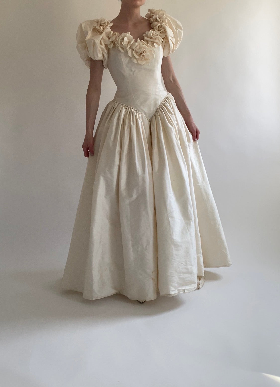 1980s Rose Trimmed Silk Wedding Dress