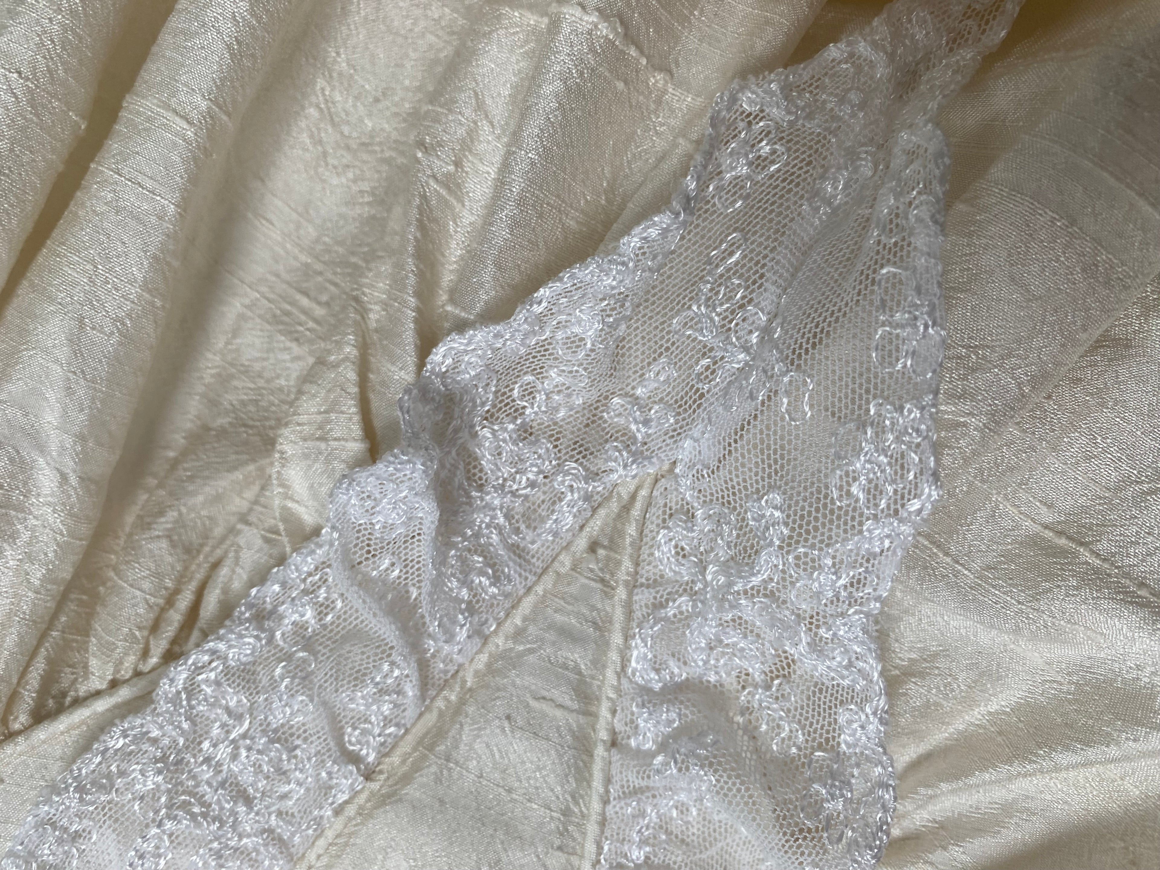 Vintage 90s Raw Silk Puff Sleeve Wedding Dress with Lace Accented Basque Bodice