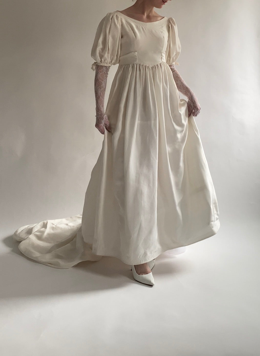 Vintage Silk 1980s Wedding Dress with Puff Sleeves