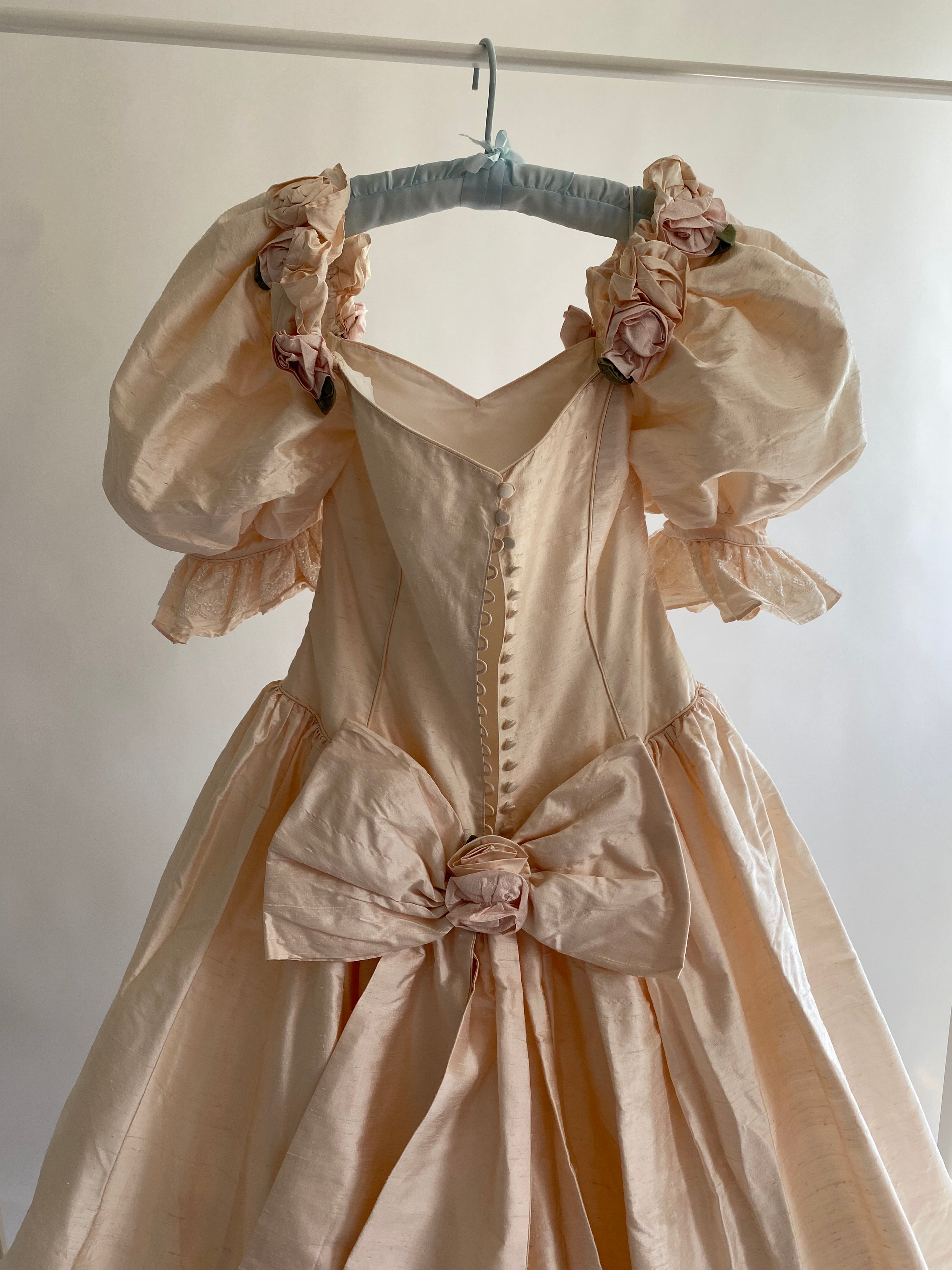 1980s Raw Silk Rosette Wedding Gown