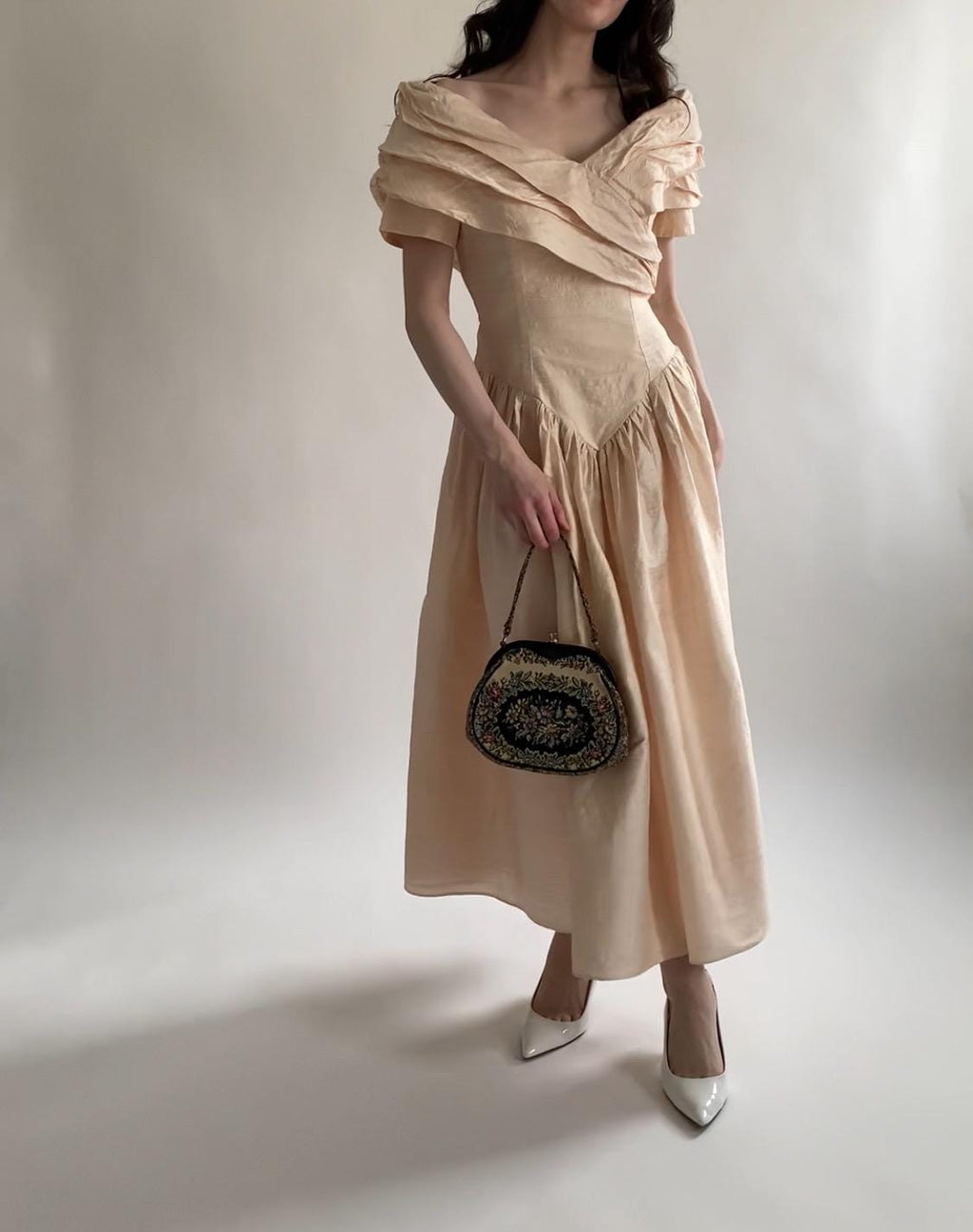 1980s Peach Raw Silk Midi Wedding Gown
