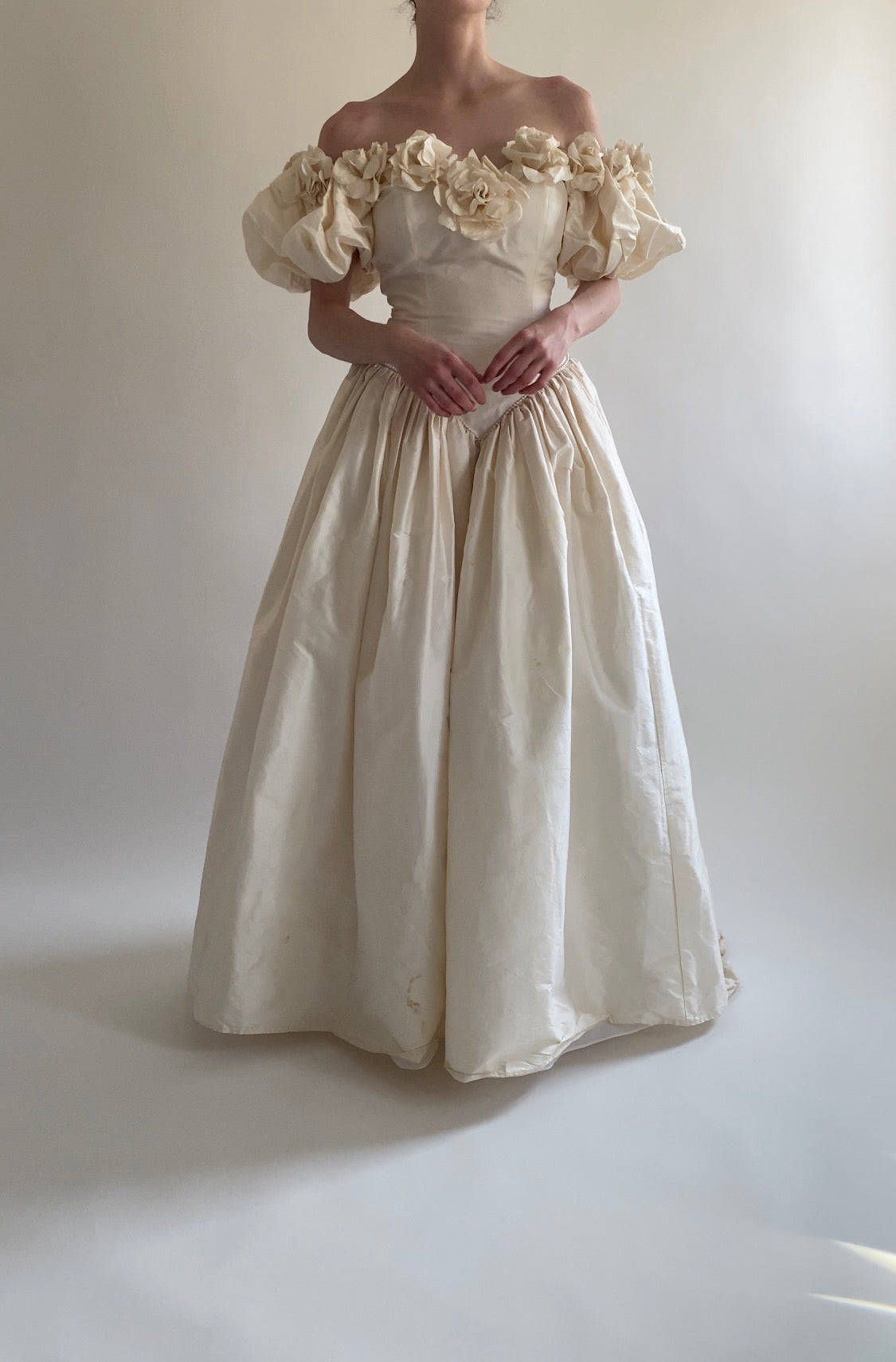 1980s Rose Trimmed Silk Wedding Dress