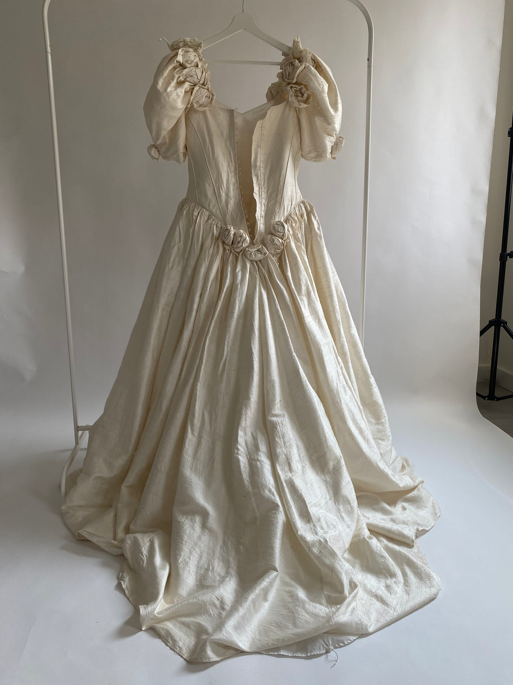 1980s Raw Silk Wedding Dress with Rosettes and Puff Sleeves