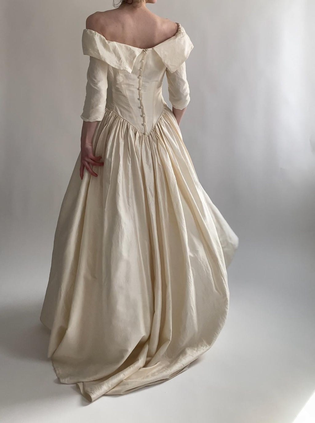 90s Raw Silk Off Shoulder Wedding Gown