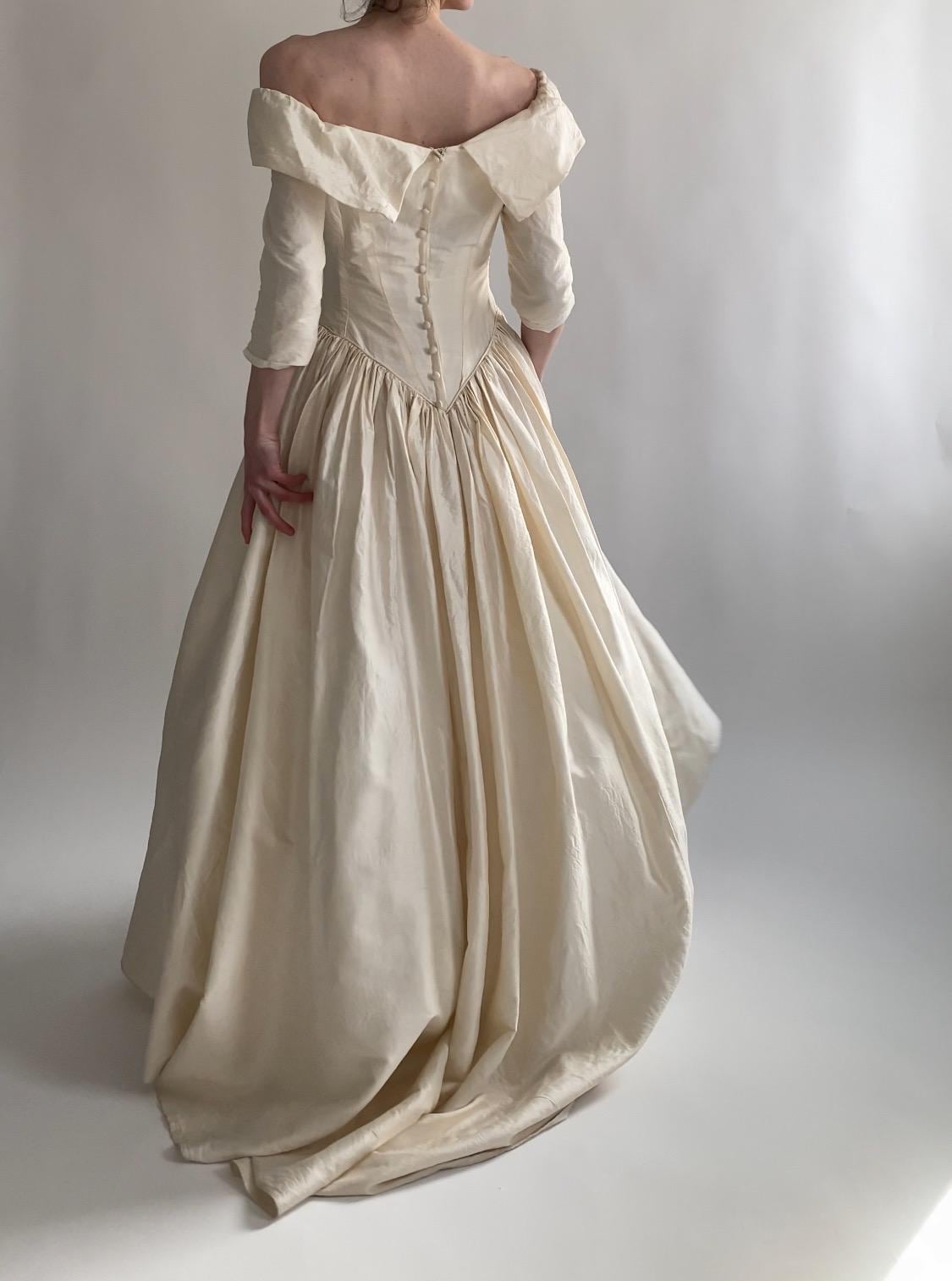 90s Raw Silk Off Shoulder Wedding Gown