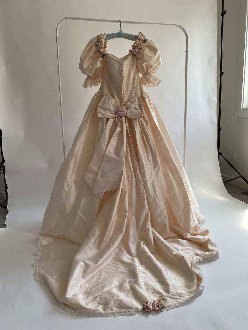1980s Raw Silk Rosette Wedding Gown