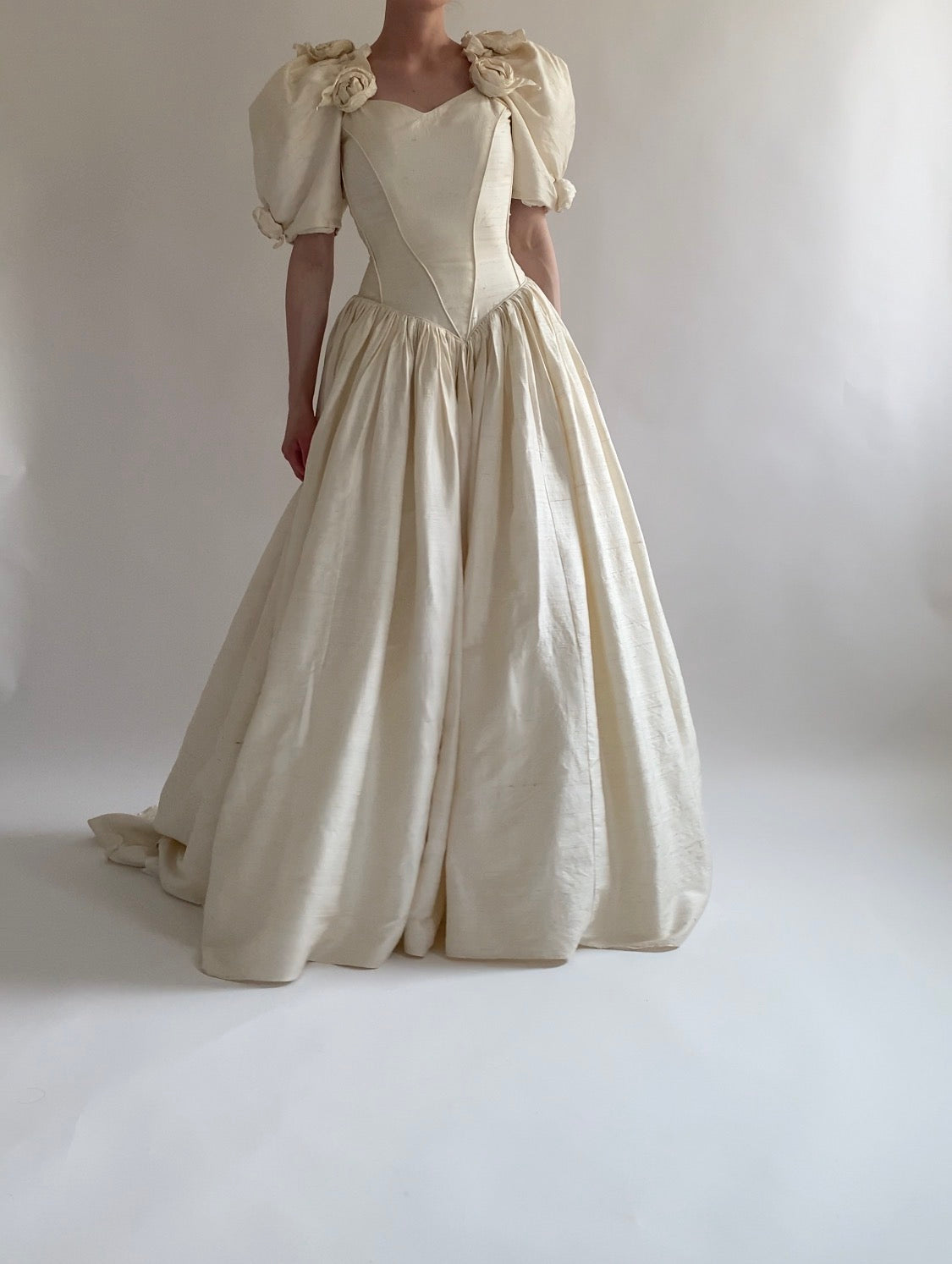 1980s Raw Silk Wedding Dress with Rosettes and Puff Sleeves