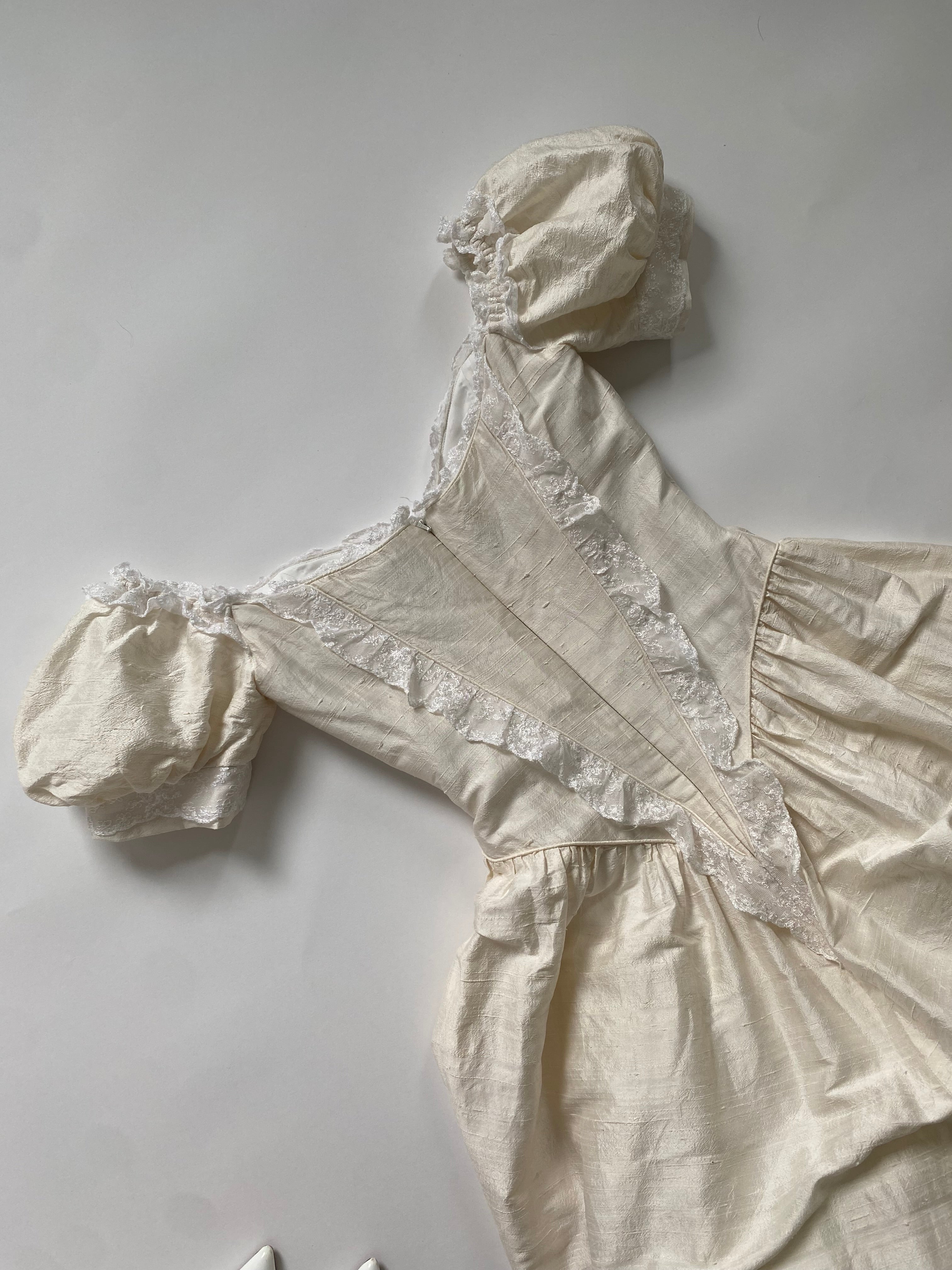 Vintage 90s Raw Silk Puff Sleeve Wedding Dress with Lace Accented Basque Bodice