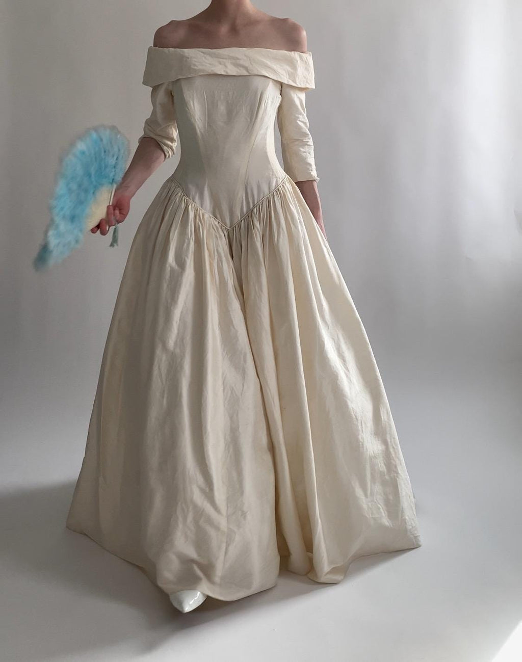 90s Raw Silk Off Shoulder Wedding Gown