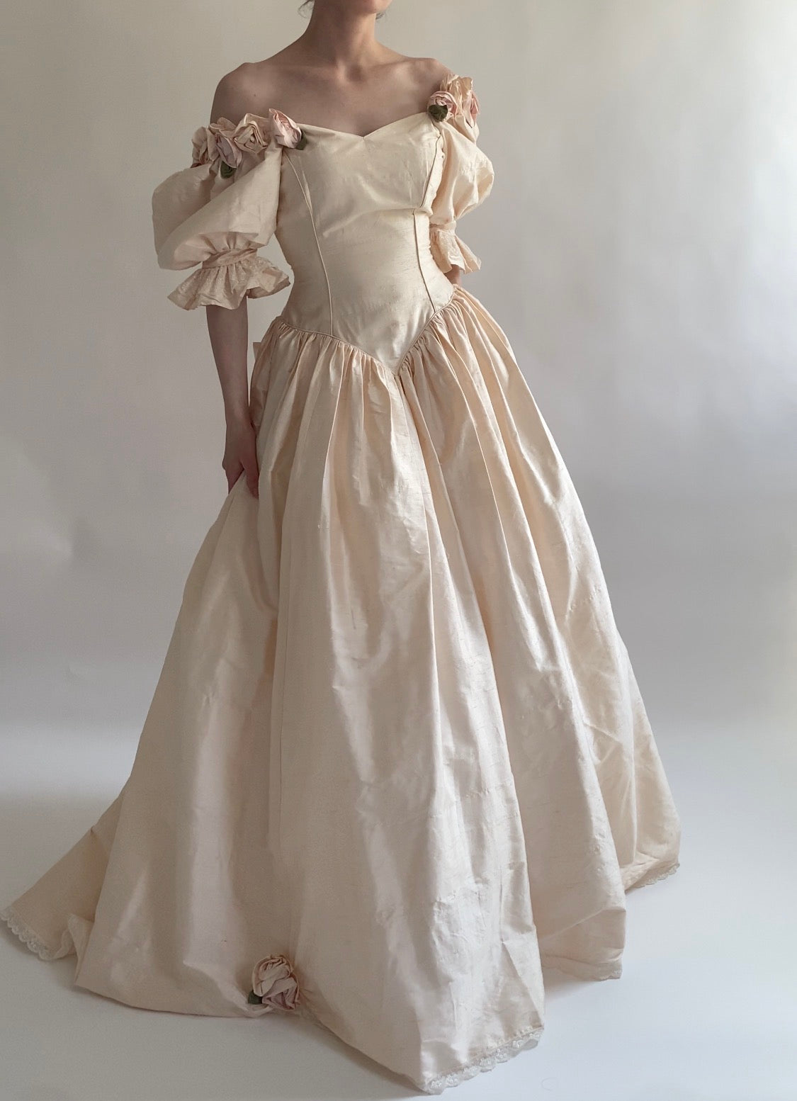 1980s Raw Silk Rosette Wedding Gown