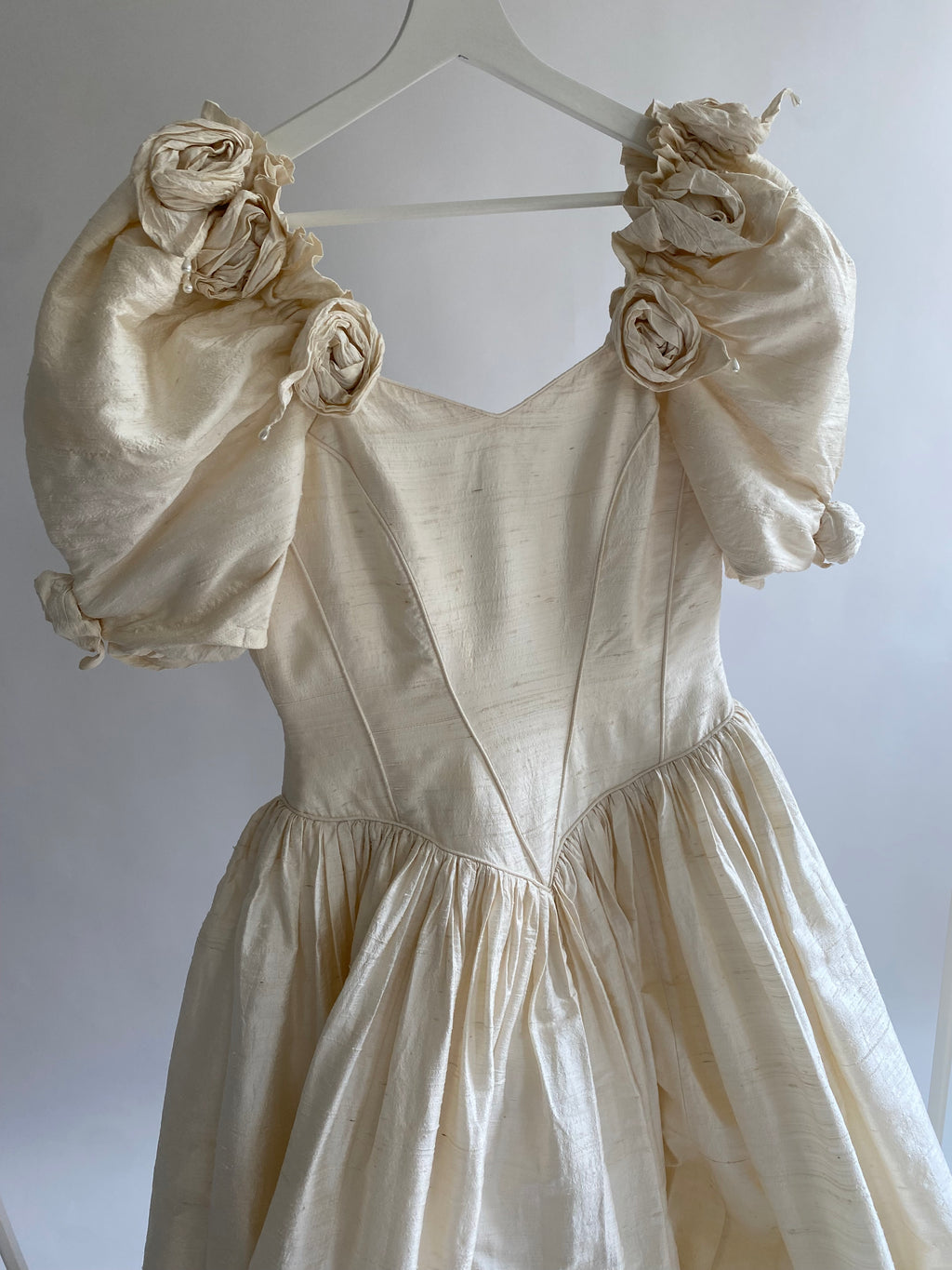 1980s Raw Silk Wedding Dress with Rosettes and Puff Sleeves