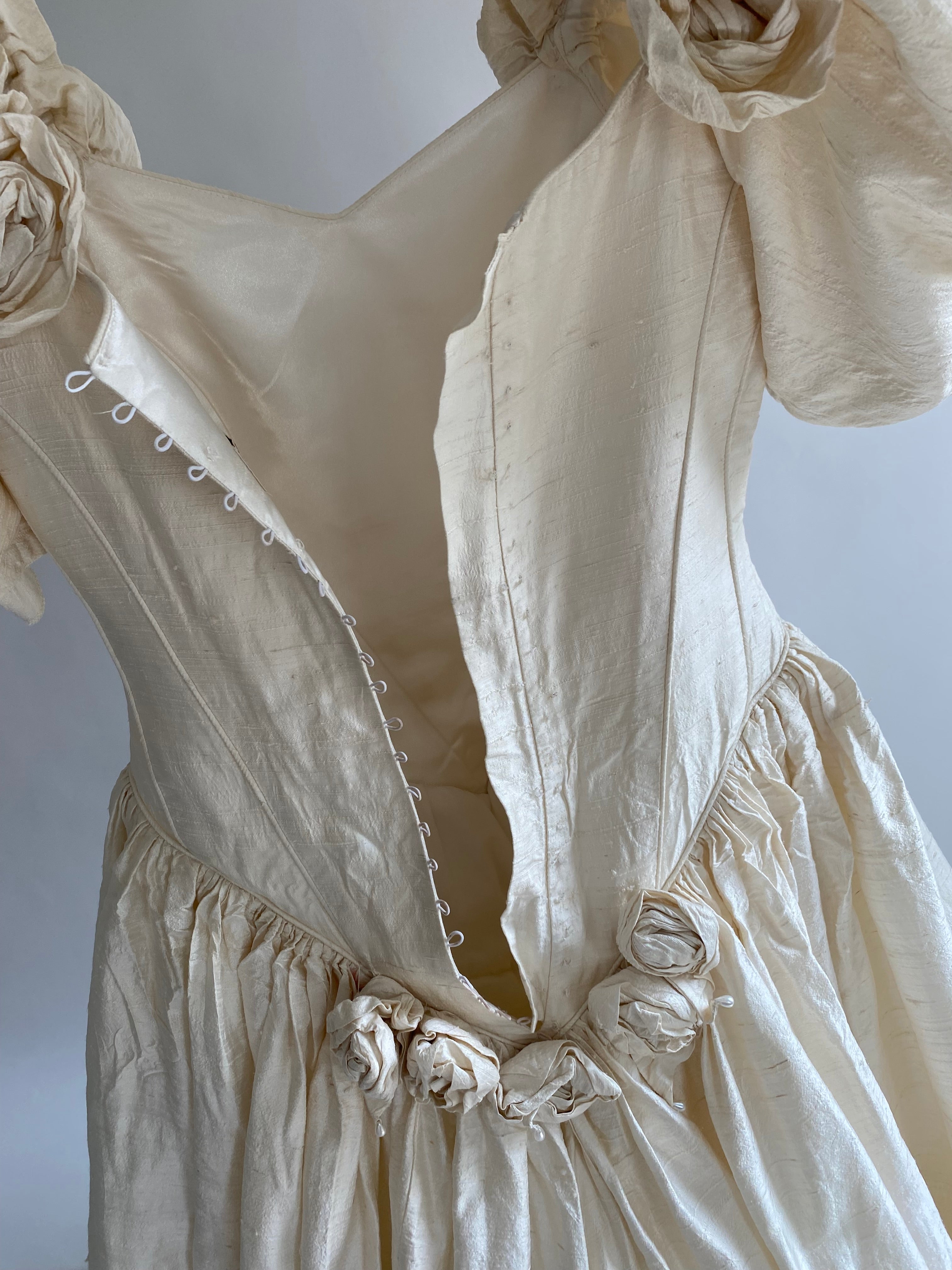 1980s Raw Silk Wedding Dress with Rosettes and Puff Sleeves