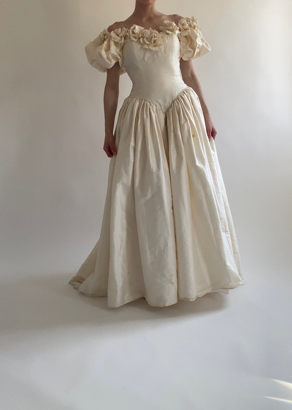 1980s Rose Trimmed Silk Wedding Dress