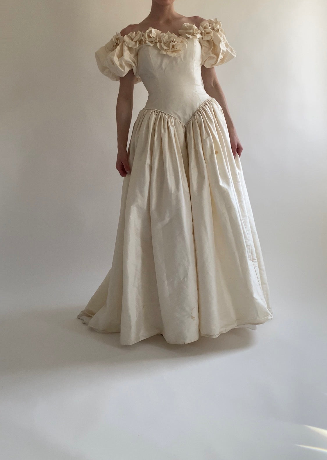 1980s Rose Trimmed Silk Wedding Dress
