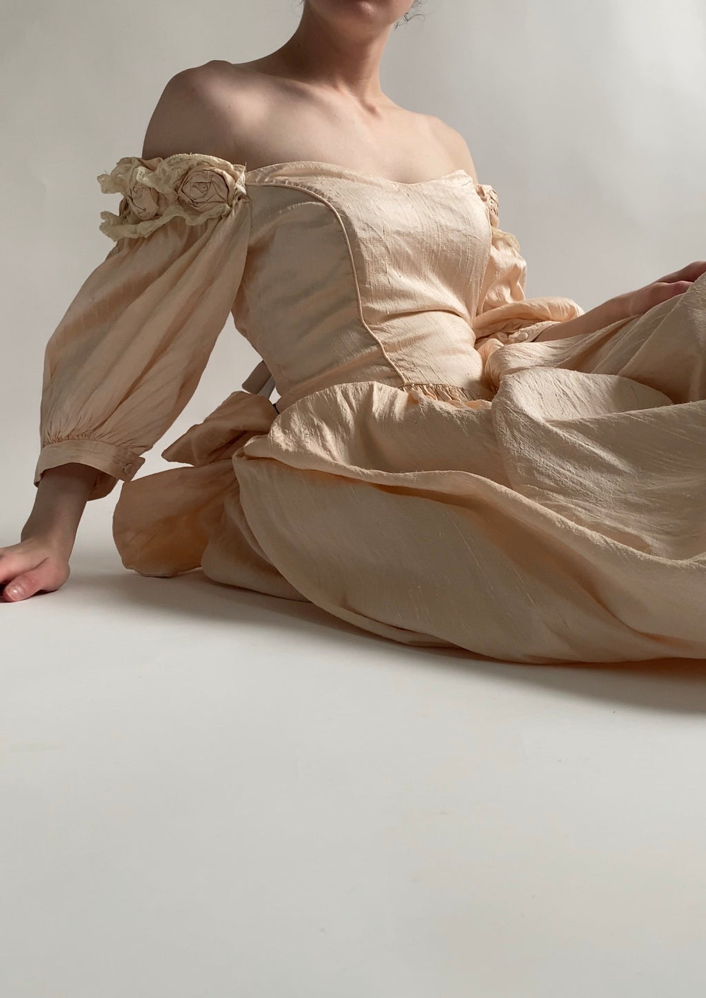 Vintage 1980s Raw Silk Midi Wedding Dress with Off Shoulder Sleeves