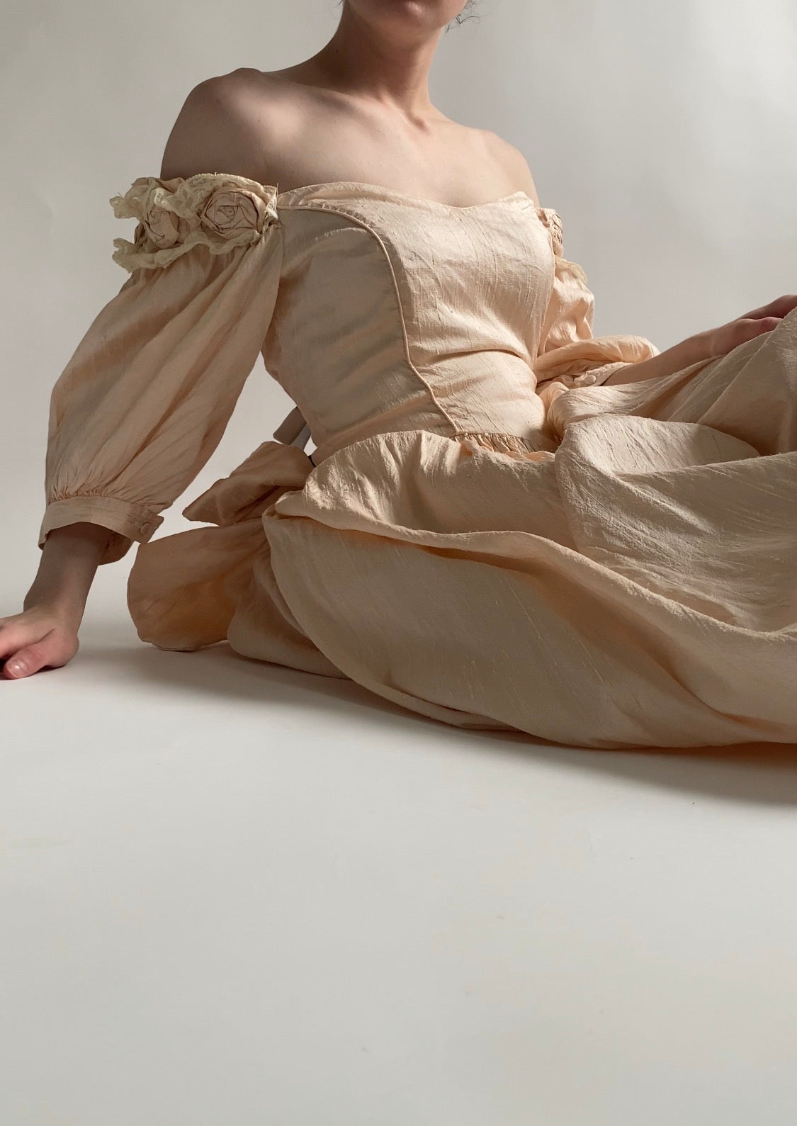 Vintage 1980s Raw Silk Midi Wedding Dress with Off Shoulder Sleeves