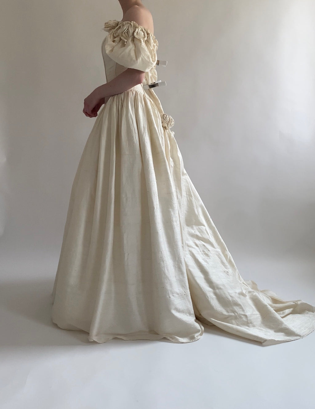 1980s Raw Silk Wedding Dress with Rosettes and Puff Sleeves