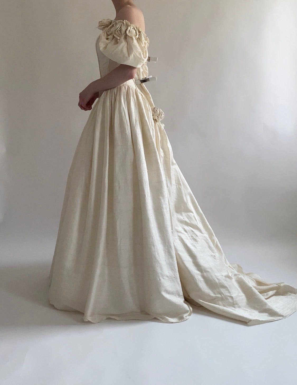 1980s Raw Silk Wedding Dress with Rosettes and Puff Sleeves