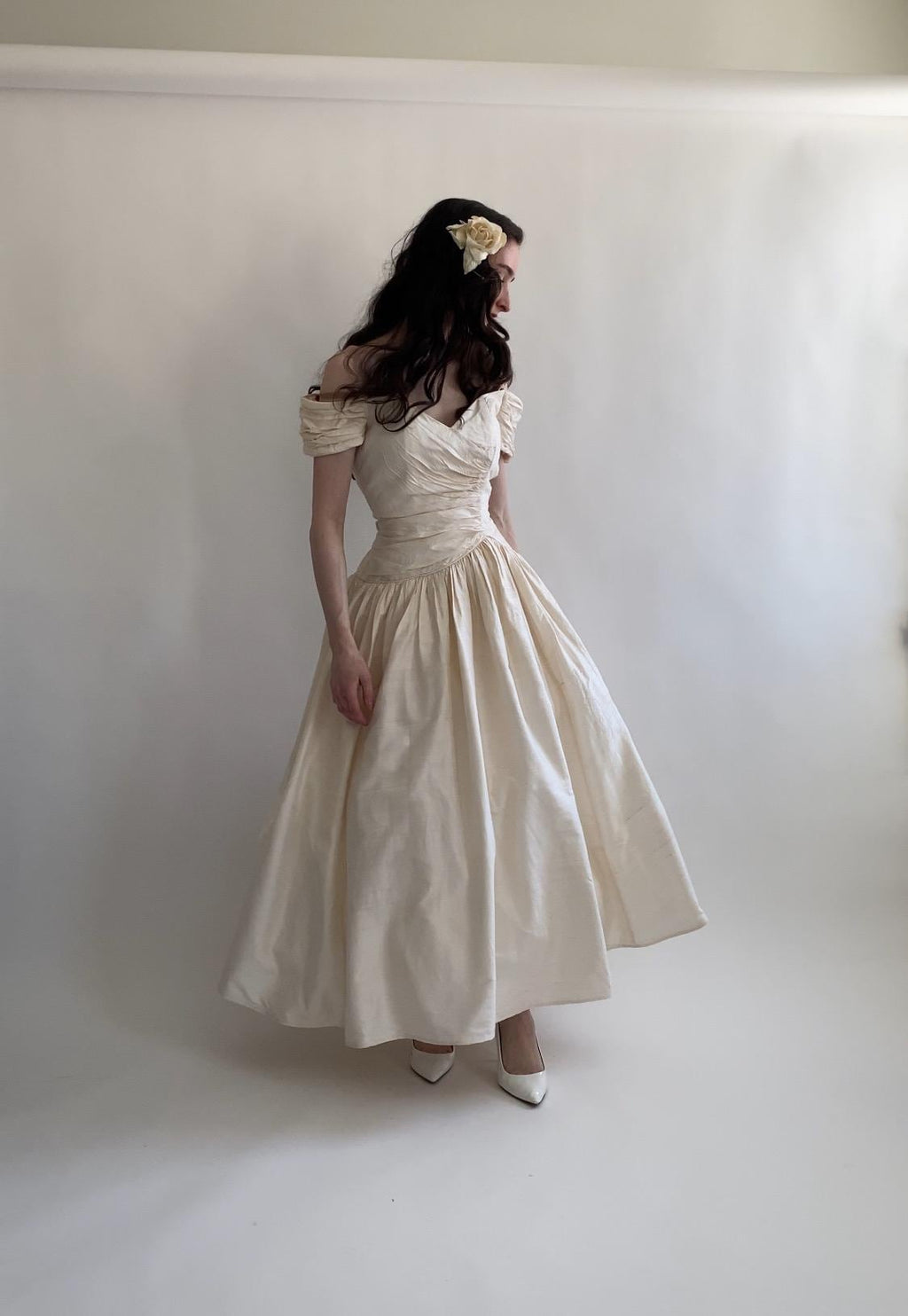 Vintage Raw Silk 1980s Tea Length Wedding Dress