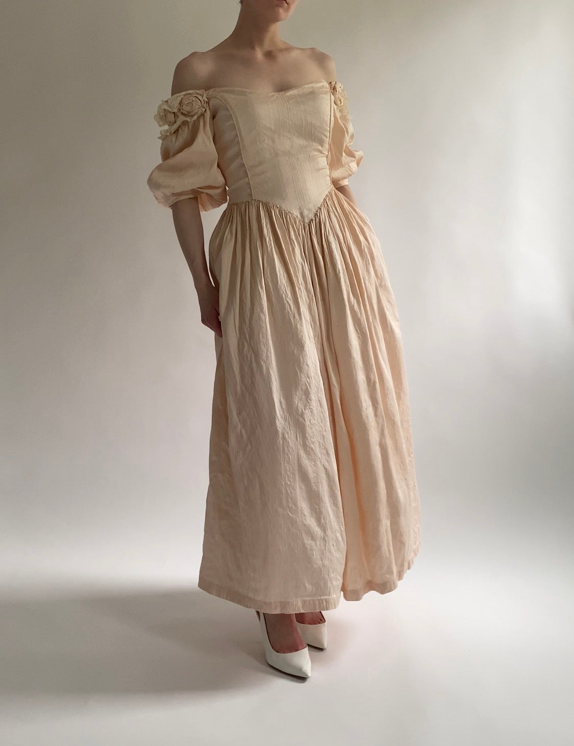 Vintage 1980s Raw Silk Midi Wedding Dress with Off Shoulder Sleeves