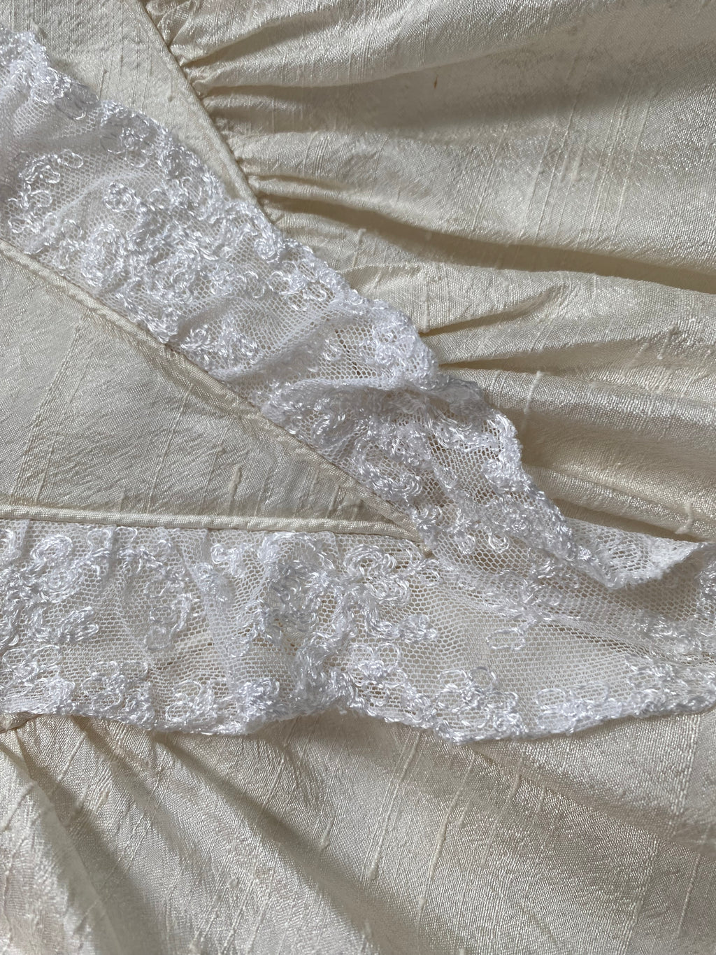Vintage 90s Raw Silk Puff Sleeve Wedding Dress with Lace Accented Basque Bodice