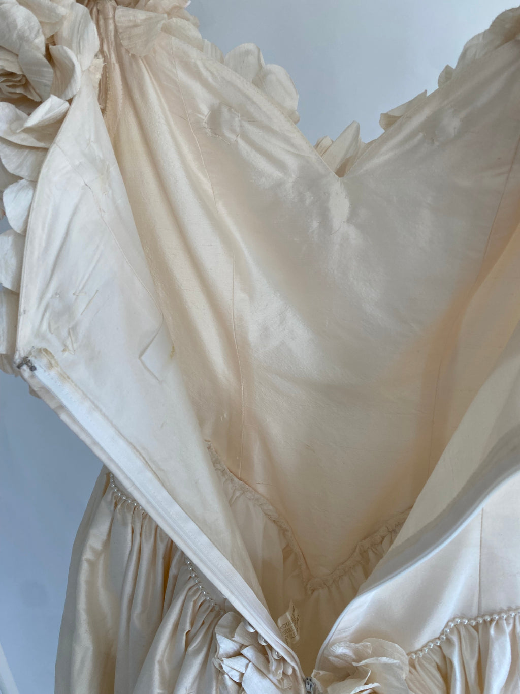 1980s Rose Trimmed Silk Wedding Dress