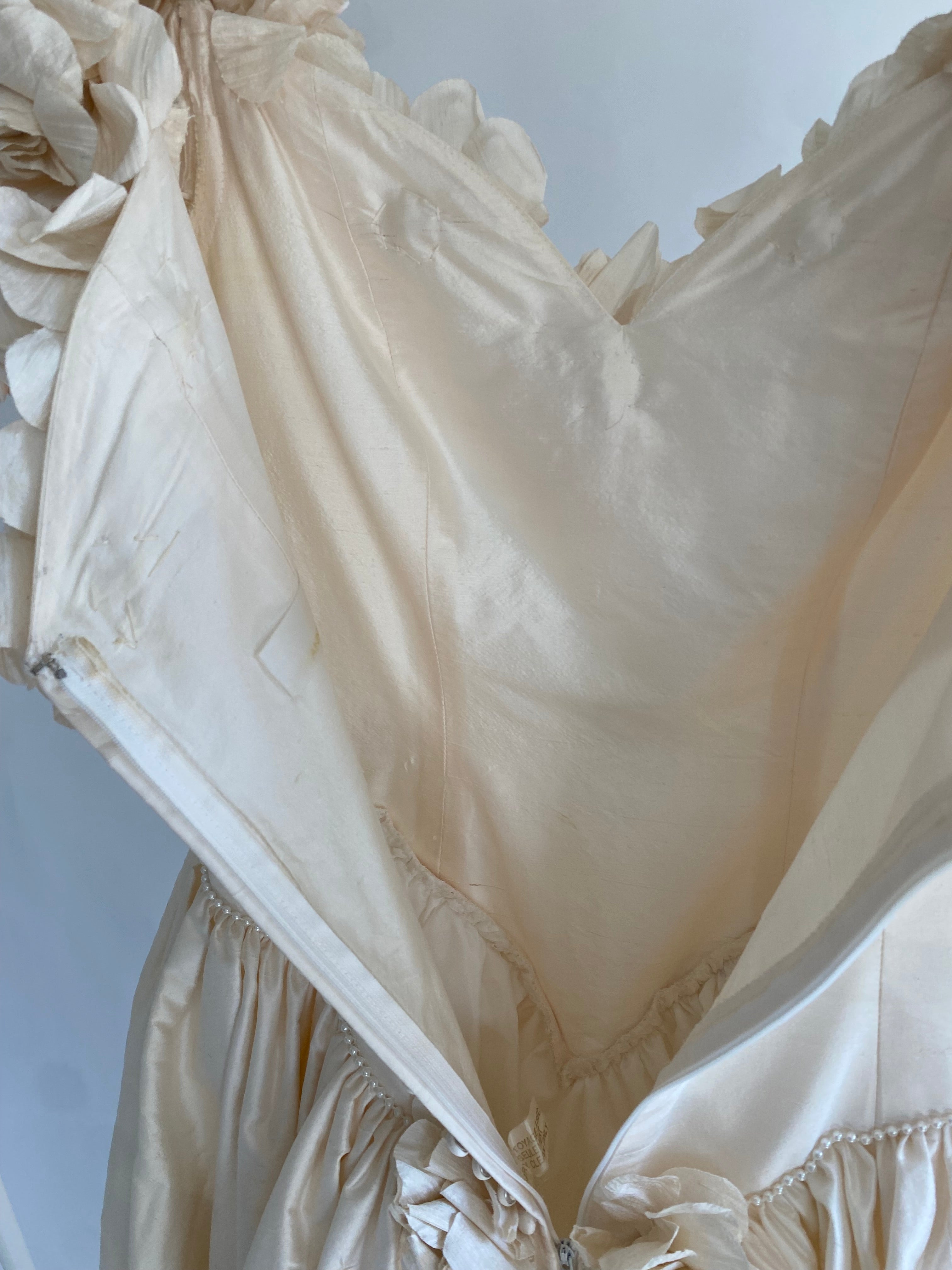 1980s Rose Trimmed Silk Wedding Dress