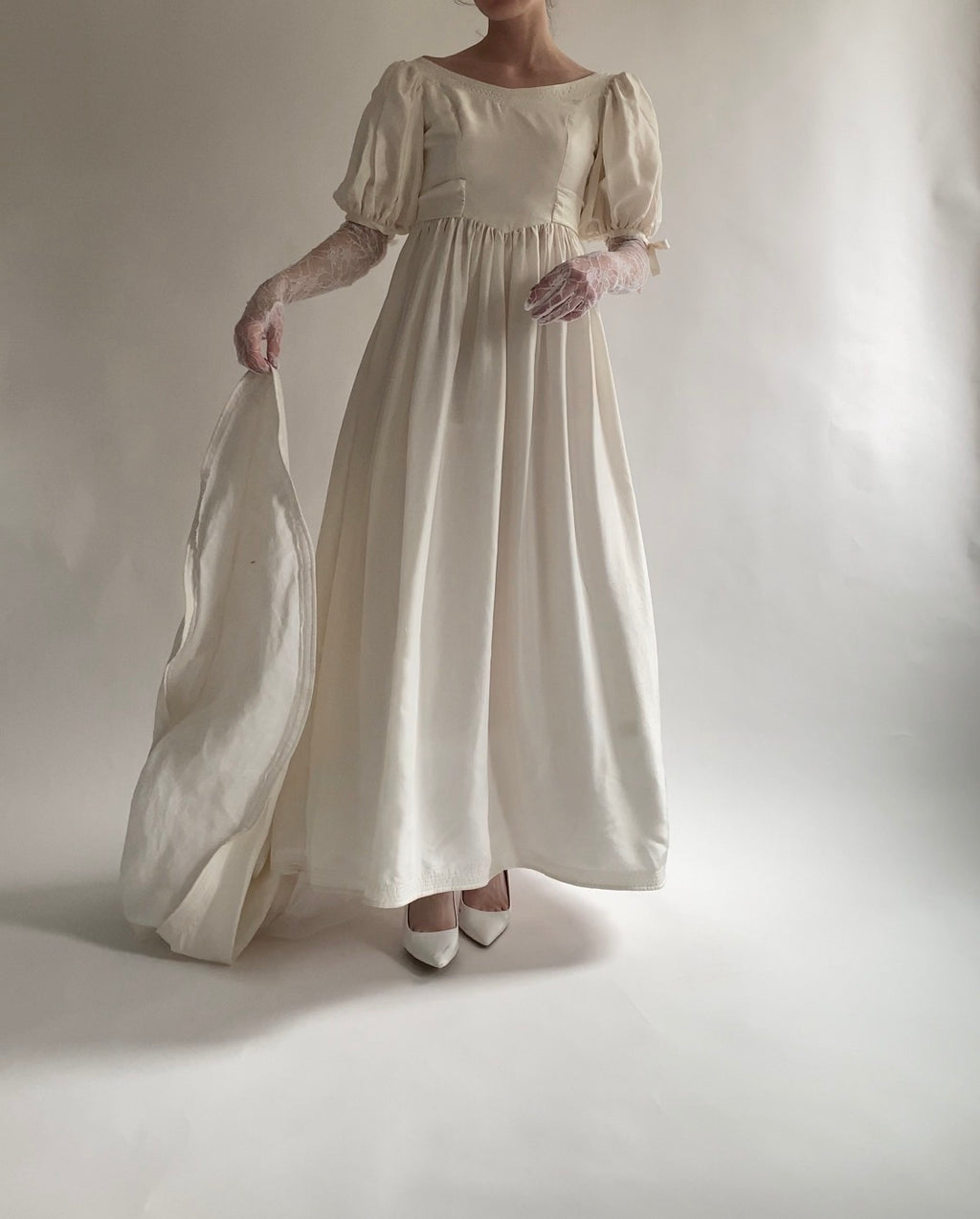 Vintage Silk 1980s Wedding Dress with Puff Sleeves