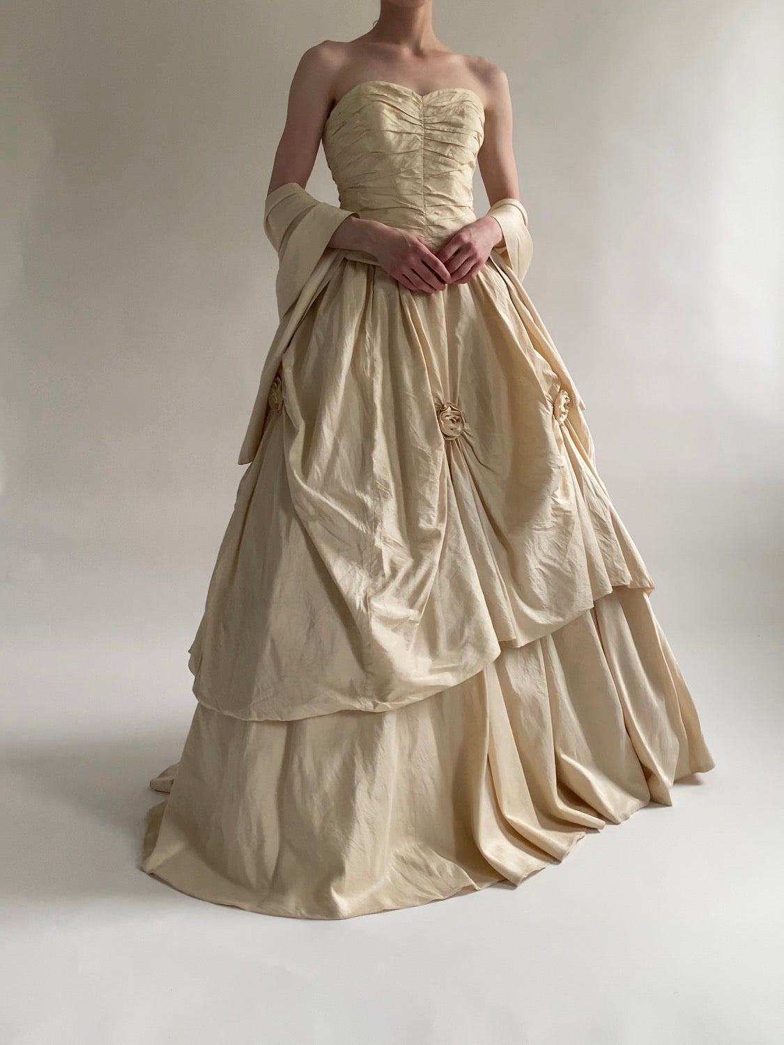 90s Silk 3-piece Wedding Dress Set Corset and Skirt with Rosettes