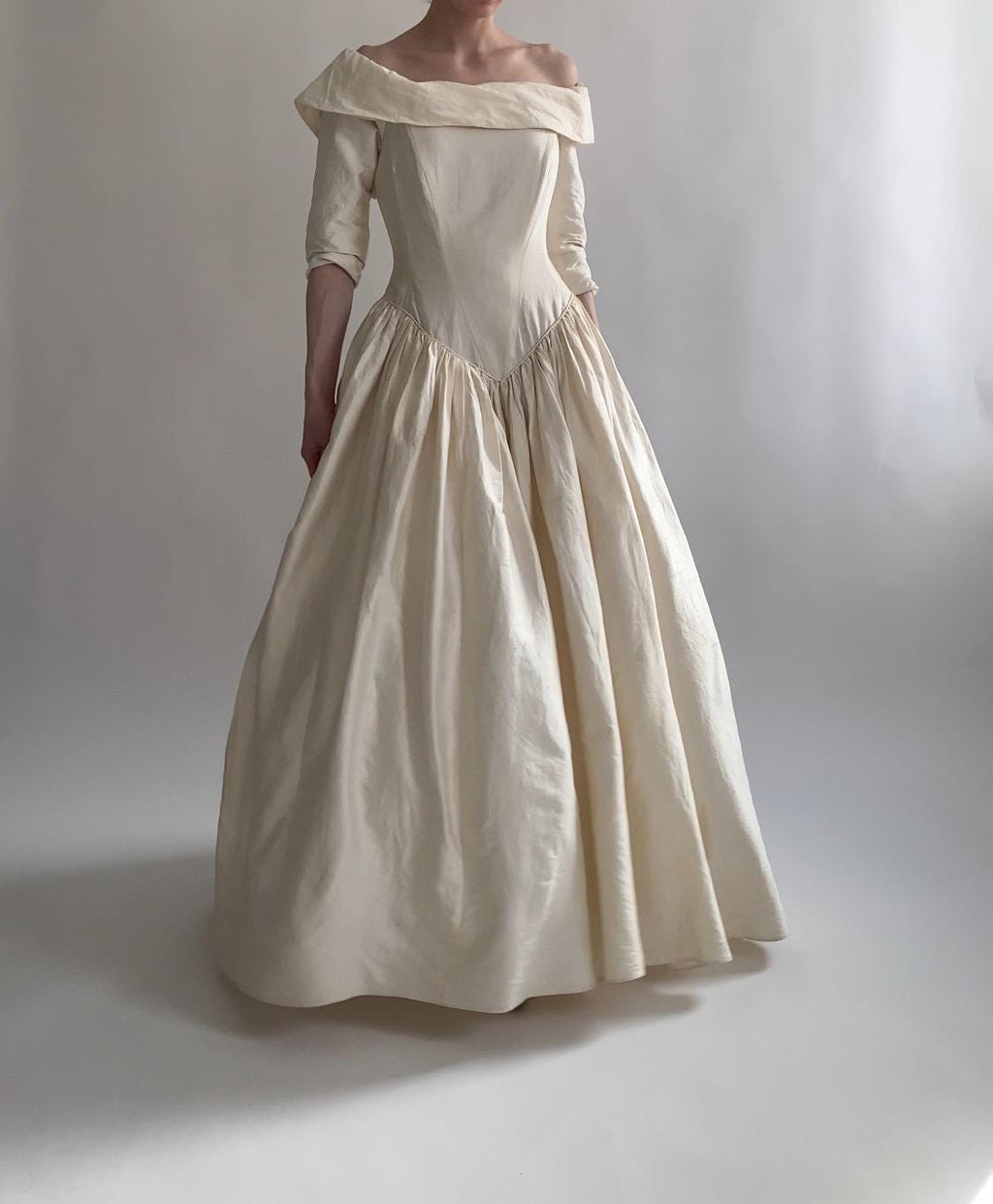 90s Raw Silk Off Shoulder Wedding Gown