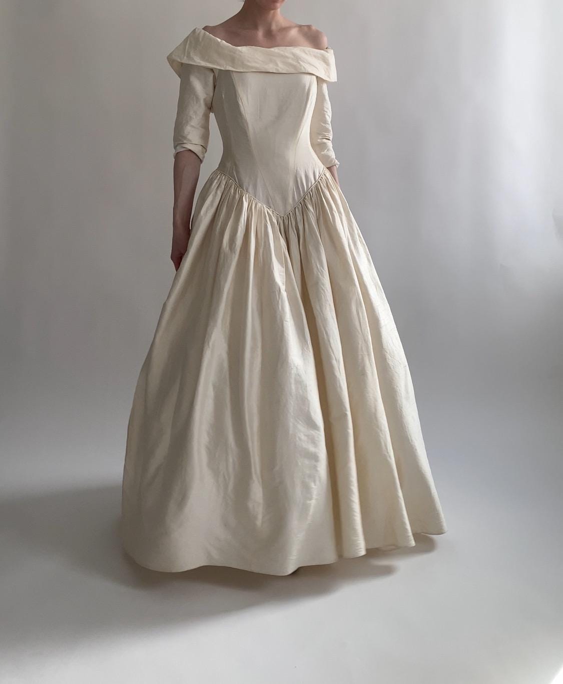 90s Raw Silk Off Shoulder Wedding Gown