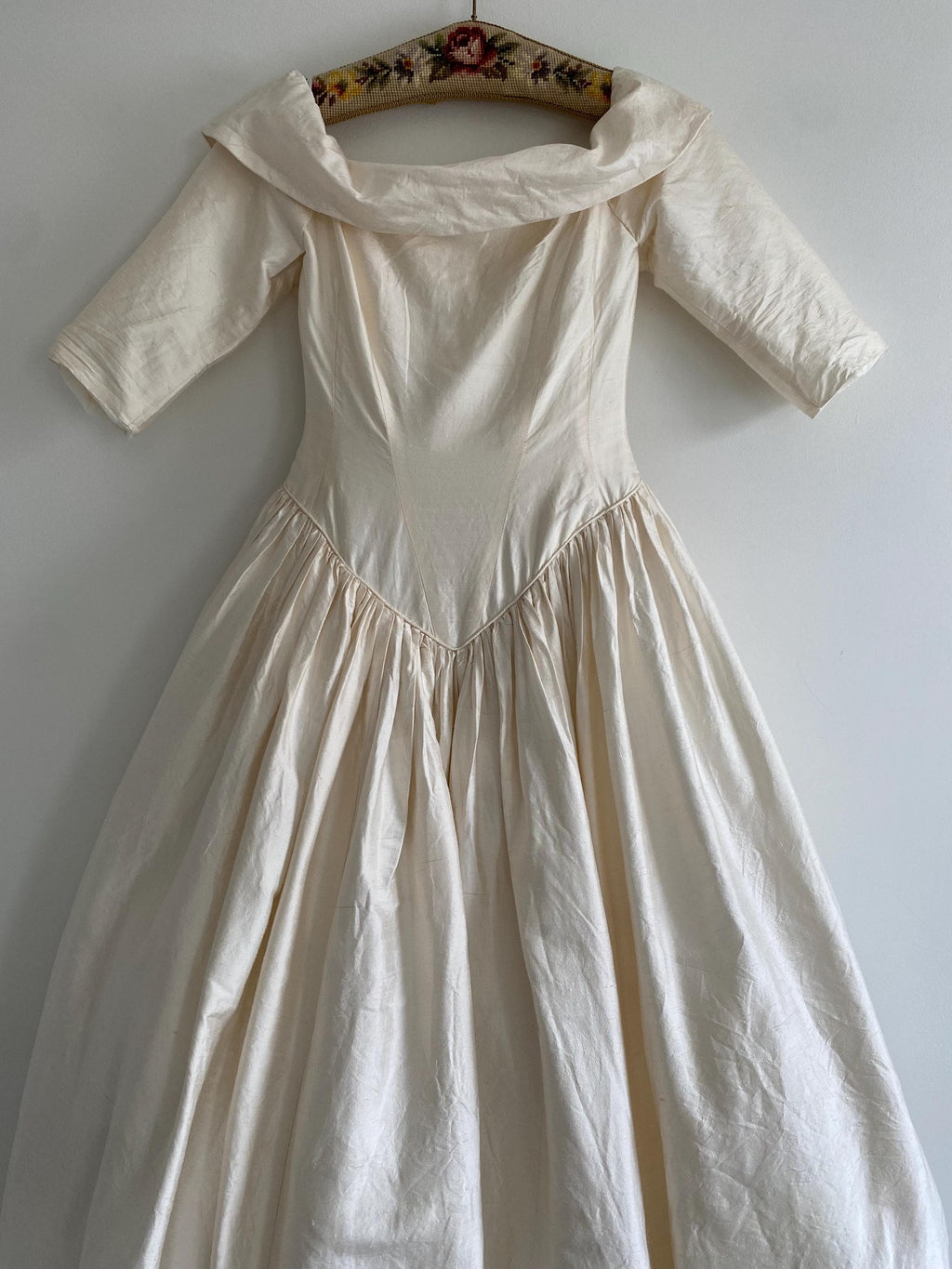 90s Raw Silk Off Shoulder Wedding Gown