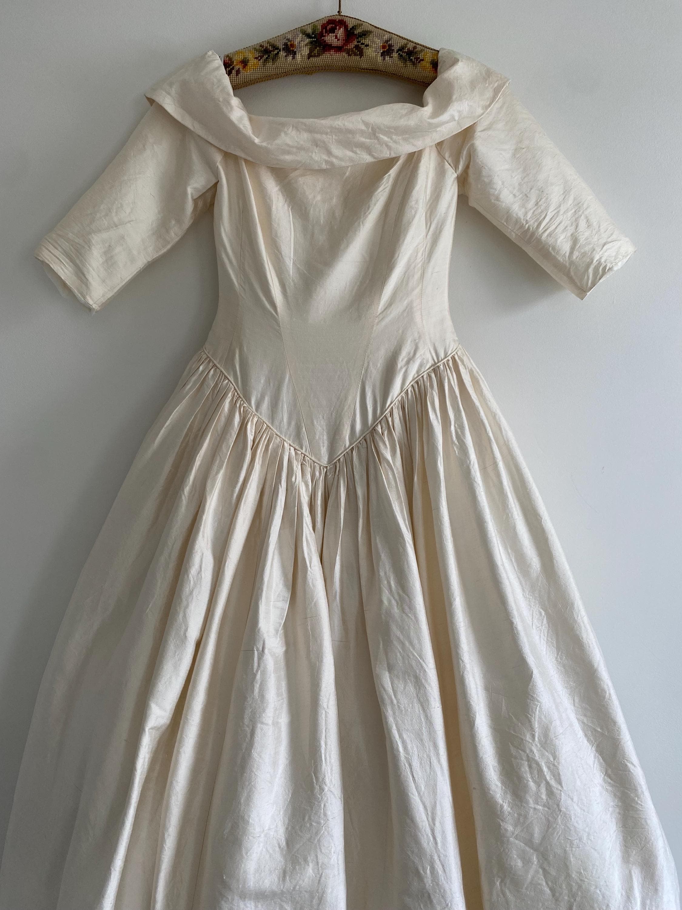 90s Raw Silk Off Shoulder Wedding Gown
