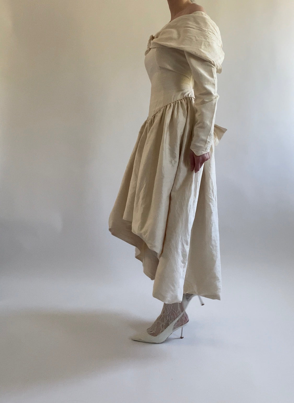 Vintage Silk Midi Off Shoulder Wedding Dress