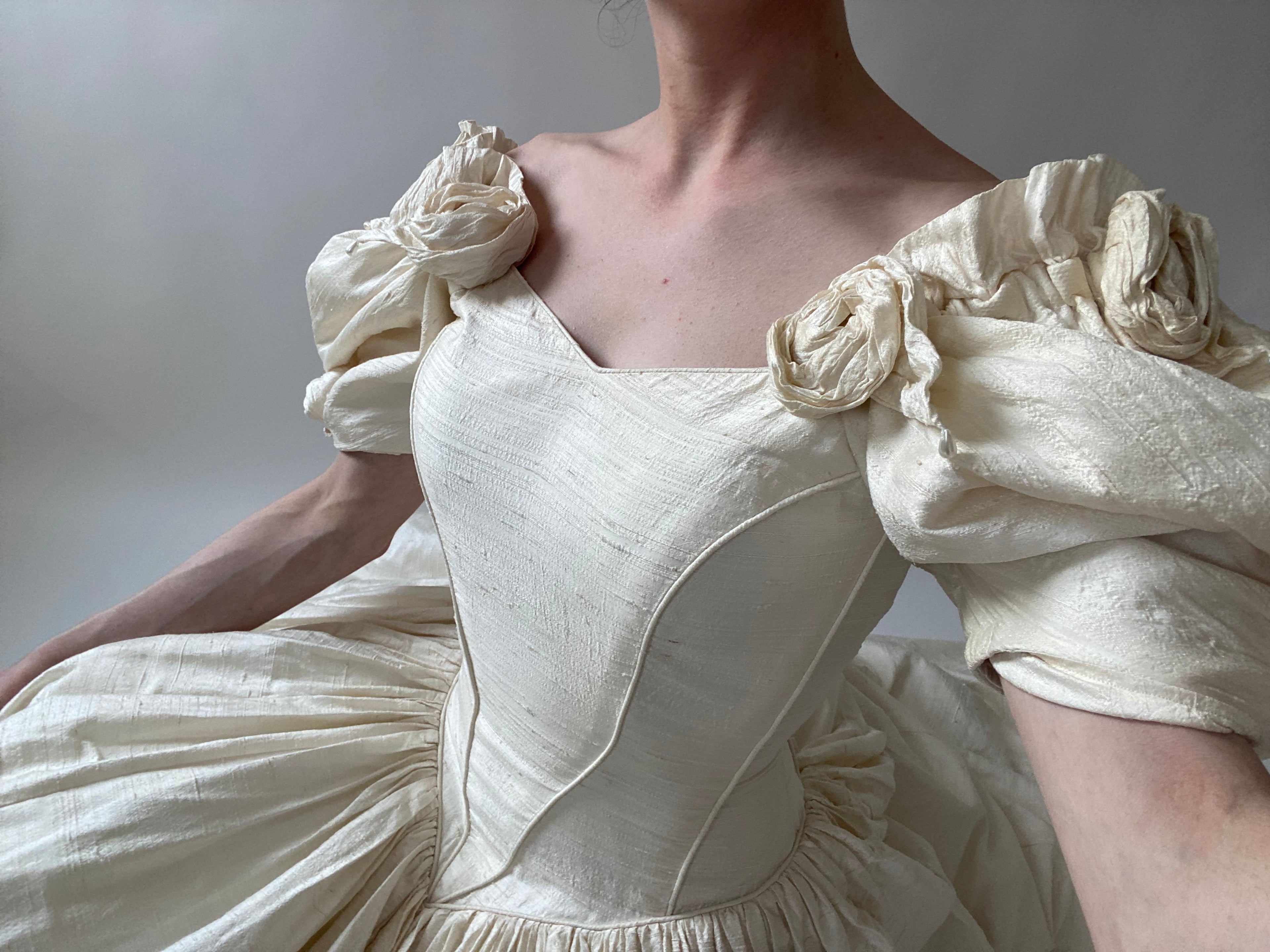 1980s Raw Silk Wedding Dress with Rosettes and Puff Sleeves