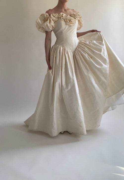 1980s Rose Trimmed Silk Wedding Dress