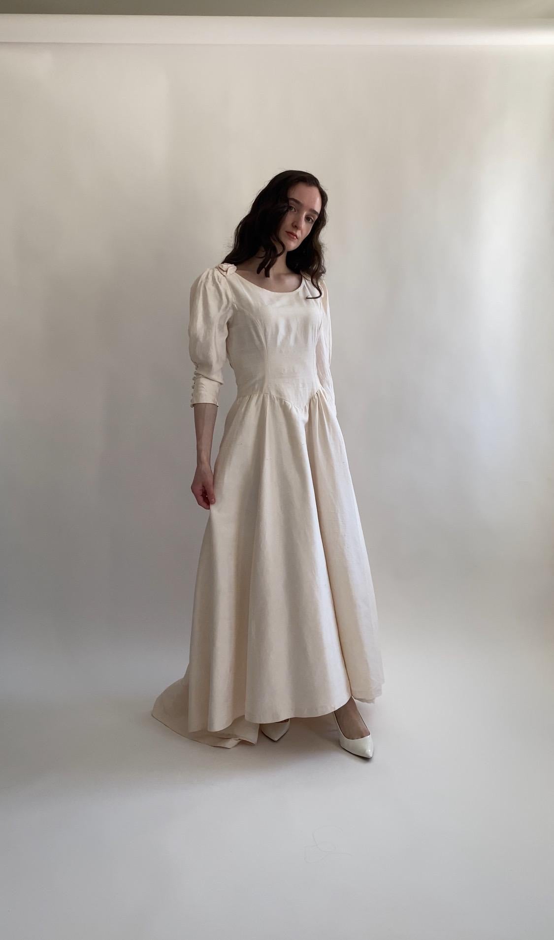 1990s Rosette Raw Silk Wedding Gown