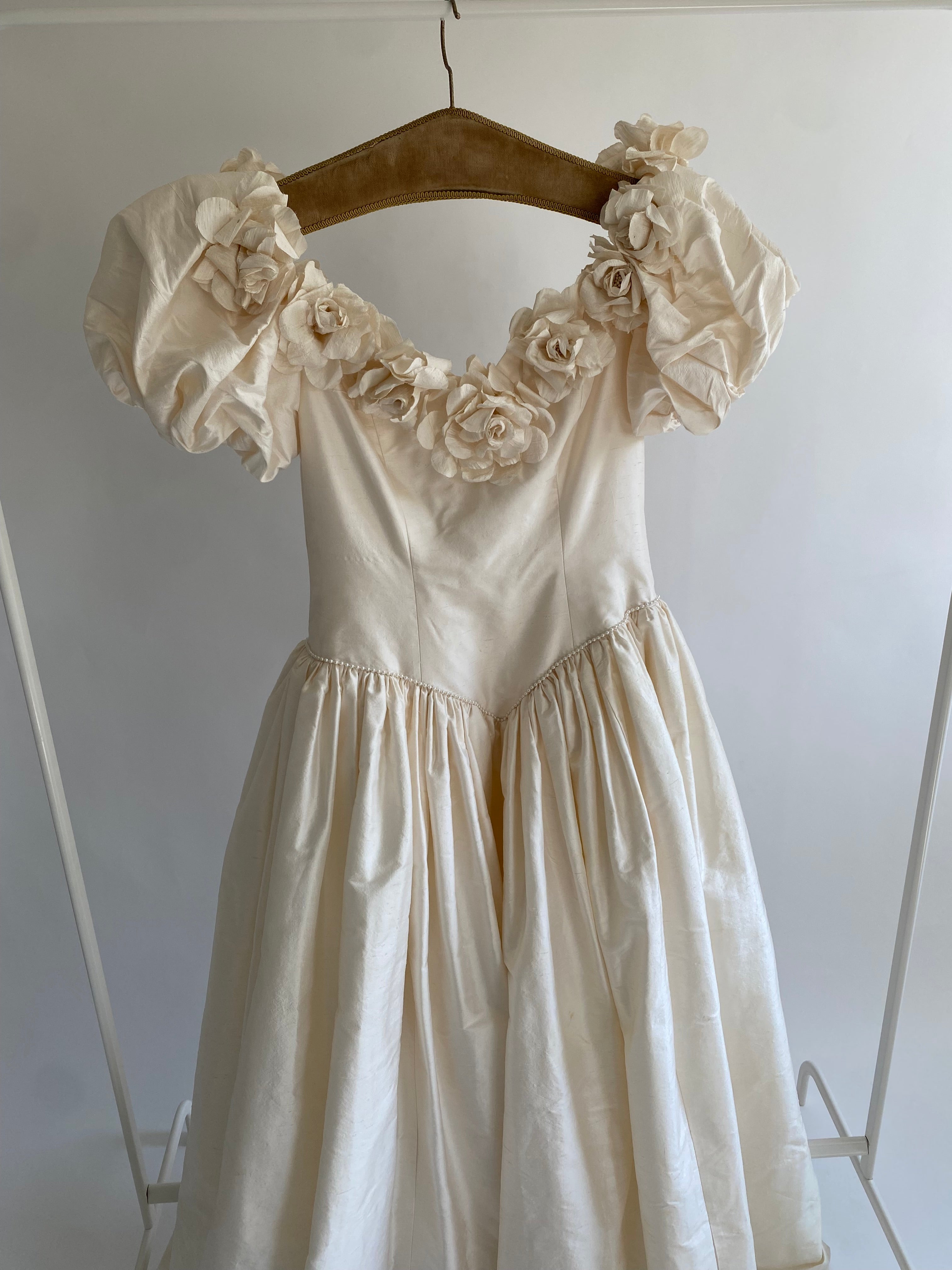 1980s Rose Trimmed Silk Wedding Dress