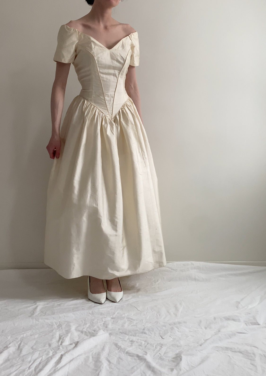 Vintage 90s Silk Off Shoulder Wedding Dress