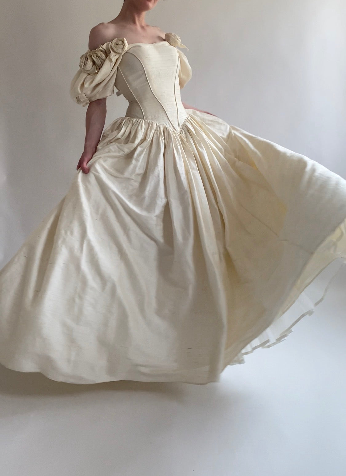 1980s Raw Silk Wedding Dress with Rosettes and Puff Sleeves