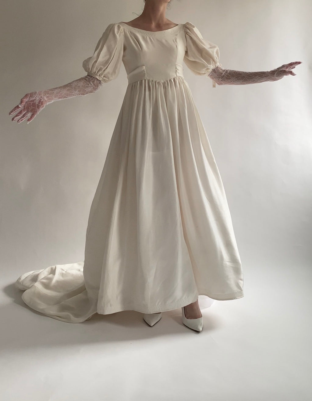 Vintage Silk 1980s Wedding Dress with Puff Sleeves