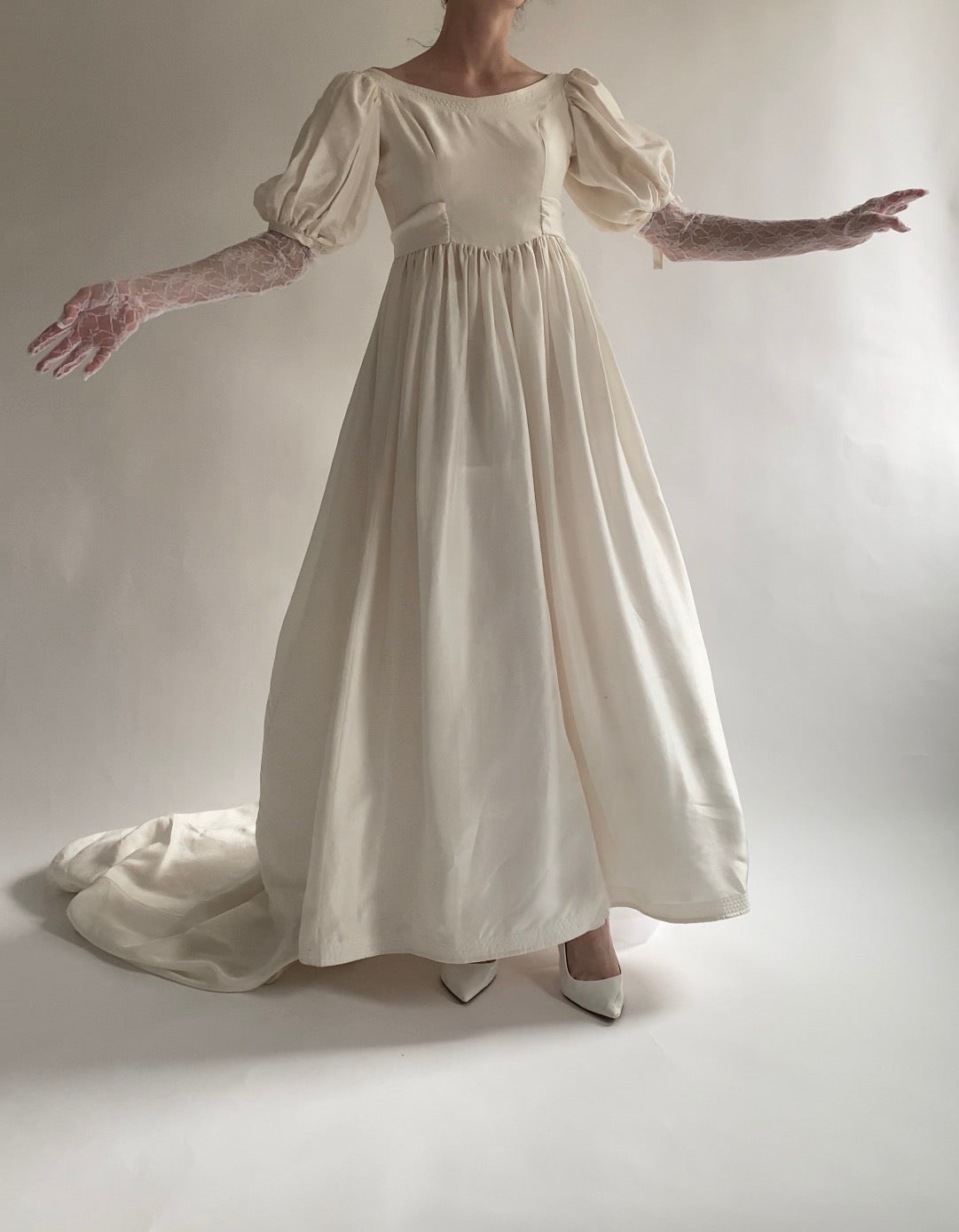 Vintage Silk 1980s Wedding Dress with Puff Sleeves