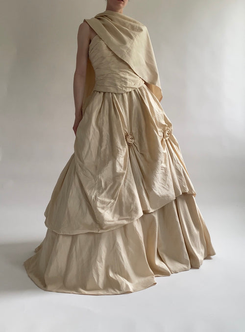 90s Silk 3-piece Wedding Dress Set Corset and Skirt with Rosettes