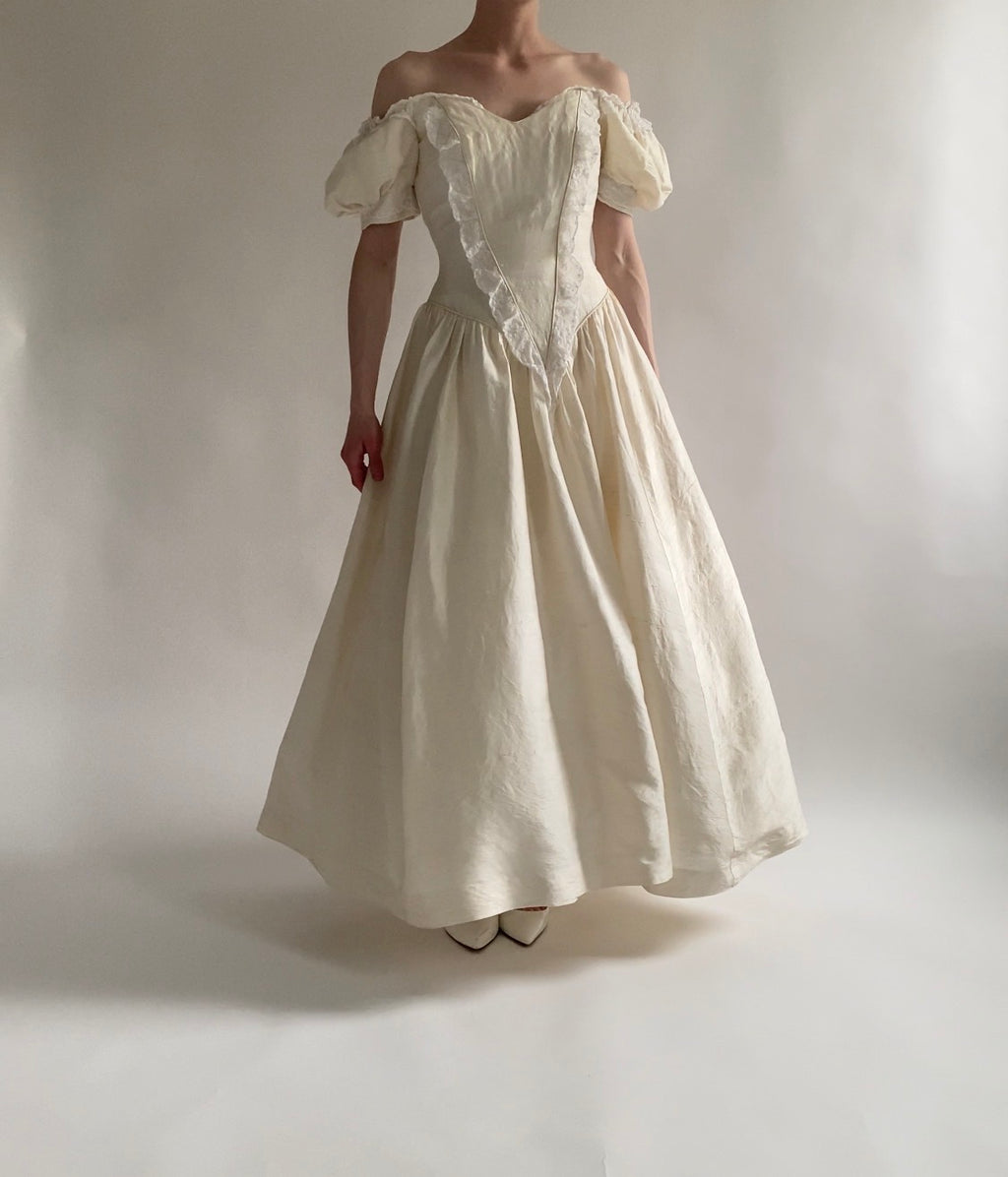 Vintage 90s Raw Silk Puff Sleeve Wedding Dress with Lace Accented Basque Bodice