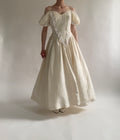 Vintage 90s Raw Silk Puff Sleeve Wedding Dress with Lace Accented Basque Bodice