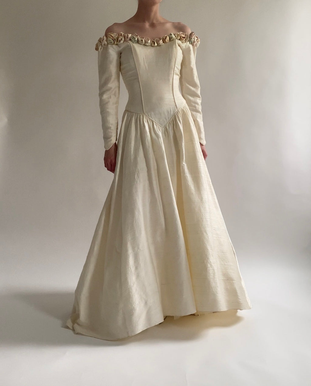 Vintage Rosette Off Shoulder Raw Silk Wedding Dress