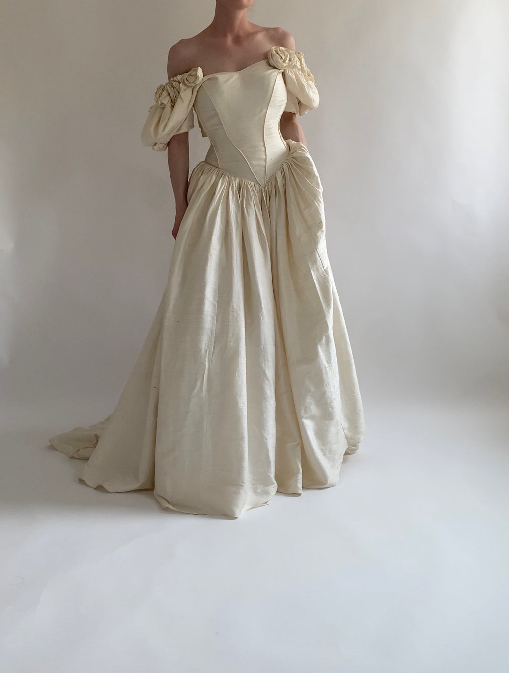 1980s Raw Silk Wedding Dress with Rosettes and Puff Sleeves