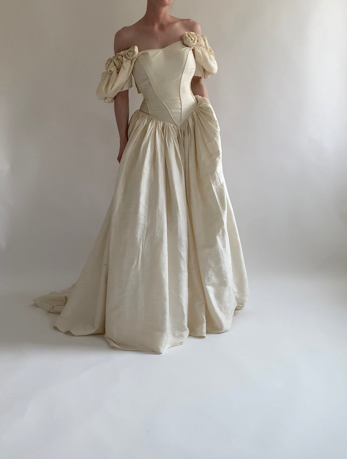 1980s Raw Silk Wedding Dress with Rosettes and Puff Sleeves